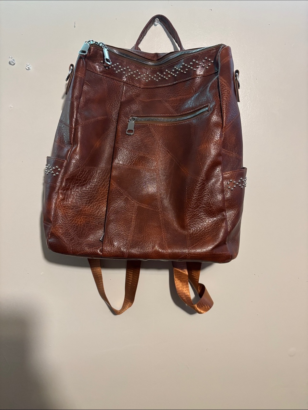 Brown Faux Leather Studded Backpack